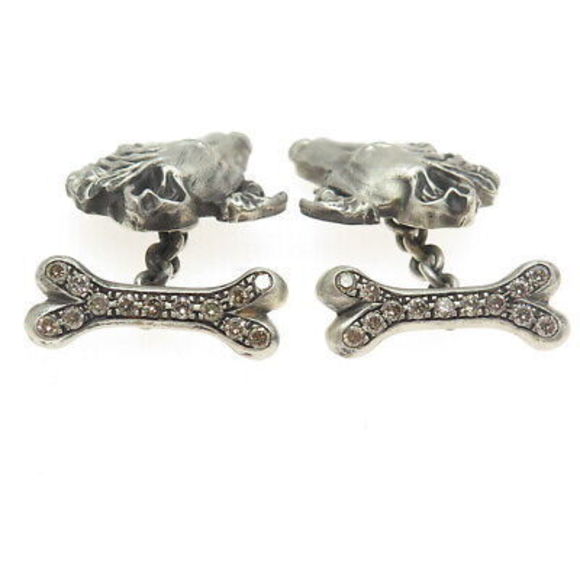 925 Sterling Silver Vintage Real Round-Cut Champagne Diamond Sheltie Cufflinks - Picture 6 of 7